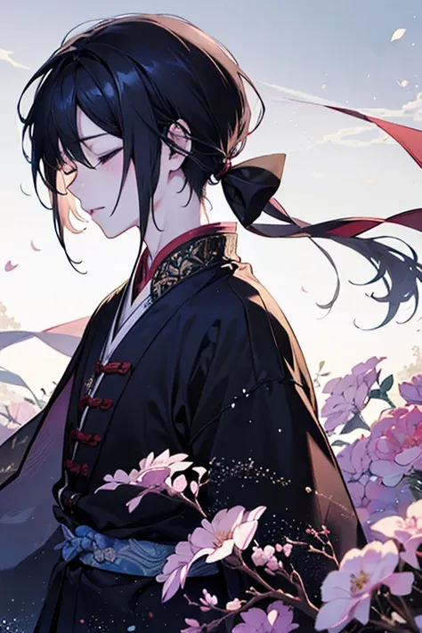  {{One boy、Onmyoji、、   black hair、  high image quality,    is anatomically correct  ,   SHORTCUTS ,   closed eyes  , Solemn,   Glitter Effect ,   anime style, 