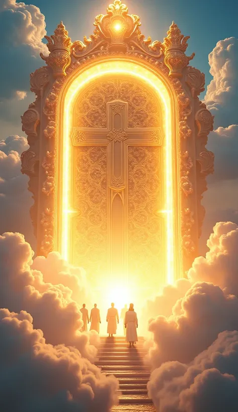 " An impressive heavenly scene with a large golden door decorated with baroque details,  floating among fluffy, glowing clouds .  A group of people dressed in white robes walk to the door ,  illuminated by divine light emanating from the center of the port...