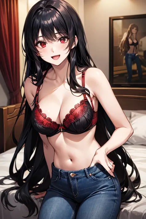 Very detailed、highest quality、Best image quality、masterpiece、8k、Anime Face、A kind smile、Open Mouth、((black long hair:1.5))、big breast, sexy、 beautiful body 、Cowboy Shot, Sexual Intercourse, ((red eyes)), hotel bedroom, ((( Jeans))), (((red bra)))