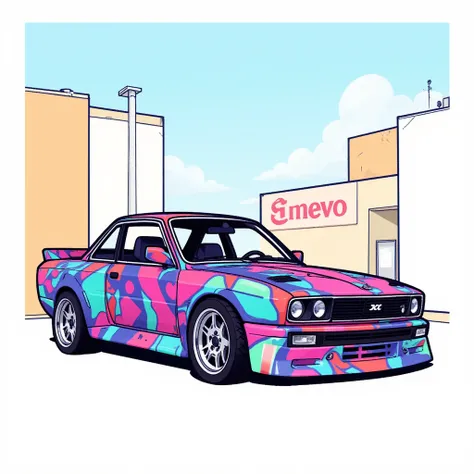 car、I can see the building in the back、 color、A clear pattern、Thick Line、Clear Colours 、 hand-drawn illustration、Simple lines、A clear line、2D illustration、