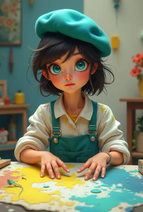 An image of a painter wearing a cyan beret and a tablecloth stained with yellow, green, blue colors with sky blue eyes. 