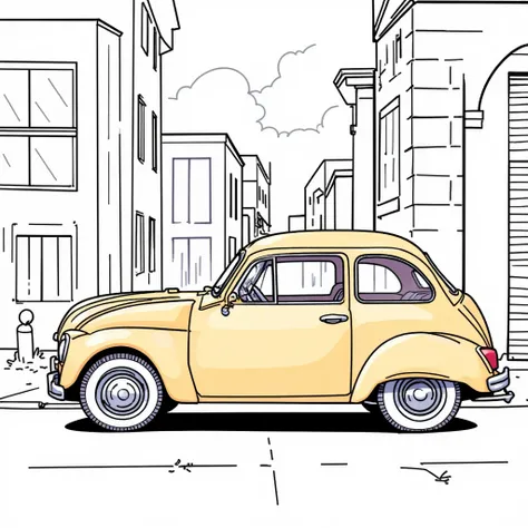 car、I can see the building in the back、 color、A clear pattern、Thick Line、Clear Colours 、 hand-drawn illustration、Simple lines、A clear line、2D illustration、 Clear and simple designs(As simple as a coloring book )、