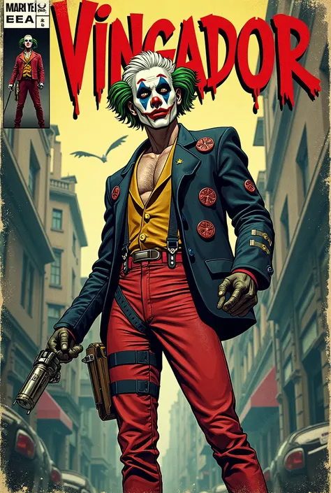 Old style marvel comic book cover ,with a character with clothes from Deadpool pants, Joker jacket, face with clown makeup, white hair, with title of "vingador"