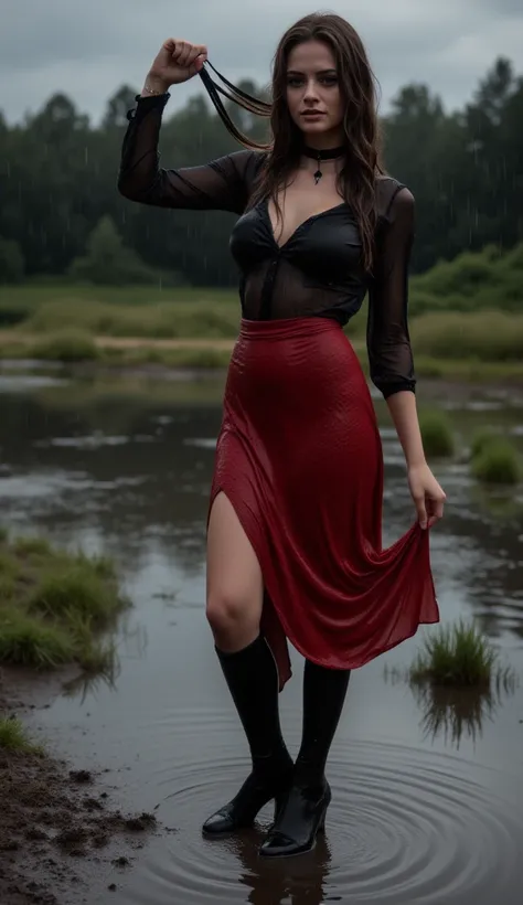 (Full Body Shot, Rainstorm, DUSK, ((nude woman, 20 years old, soaking wet, dark long hairs,))(Choker, black, goth, soaking wet,)(wet blouse, red, goth, soaking wet,)(wet red Lace Skirt, goth, Soaking wet,)(wet over-the-knee socks, black, soaking wet,)(high...