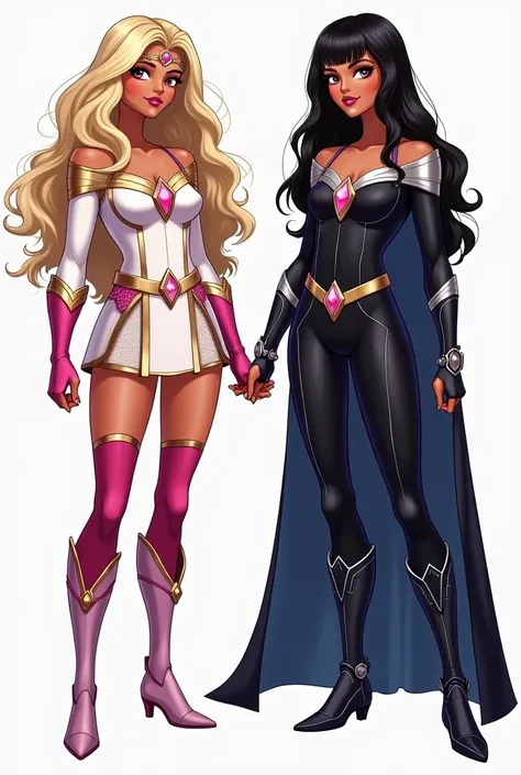 Character Design with Full Superheroine Outfit inspired by Scarlet Witch. Marvel Panel Comic Style. Twin girls. The first girl has a more cheerful attitude and has a white, pink and gold outfit, off the shoulders, a skirt with stockings, long boots and a t...