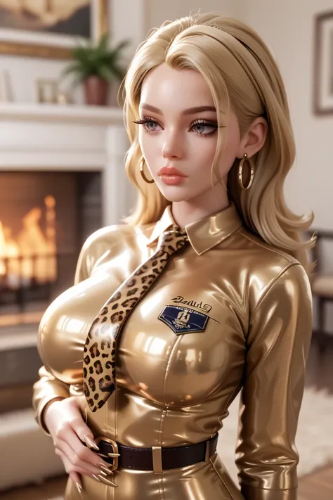 1 women , In an extremely figure-hugging  ,    shiny gold latex polo shirt, Are they in the apartment by the fireplace ,    two sides up    ,        blondes Haar   ,   reflection  ,      reflecting light  ,       high resolution  ,      masterpiece   ,  Lo...