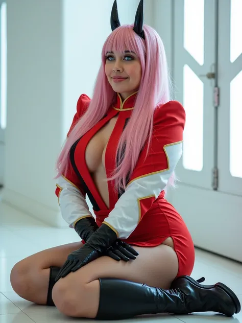 cosplay, woman cosplay, Zero Two, 1girl, solo, medium pink hair flowing down her back, large breasts, slender waist, sitting with legs crossed, confident expression, bright blue eyes, black curved horns on her head, soft pink lips with a mischievous smirk,...