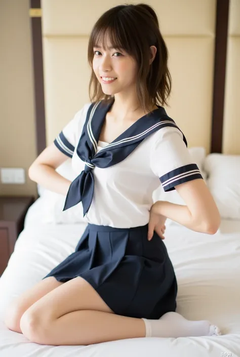 (Masterpiece, Best quality: 1.4), (Ultra realistic, Photo-realistic: 1.3), (nsfw:1.8), Natural light, 26 years old actor, Japanese woman, Neat and clean,  (Wearing Sailor suit, short sleeve: 1.2), (Dark navy skirt: 1.2), (Wearing white sock: 1.2), (White p...