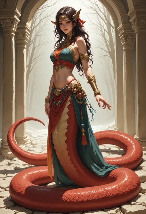 Snake Woman.a female character with a serpent-like lower body.Her upper body is human, but her lower body is serpent-like.
