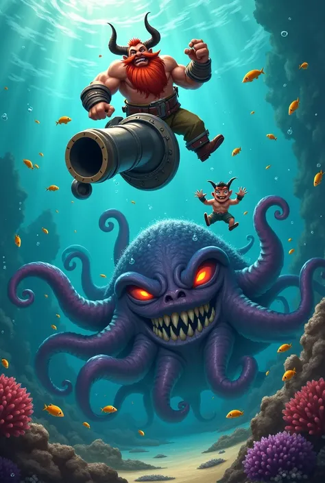 A dwarf with a red beard and a demon boy who swim underwater and drop a cannon on a kraken that is attacking them with their feet