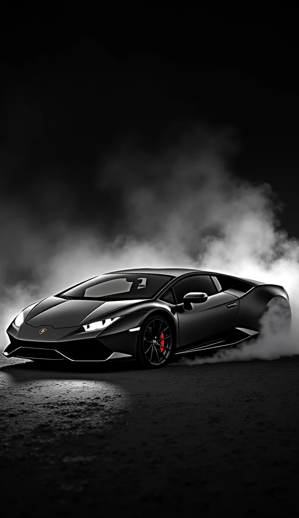 The image is a black and white photograph of a sports car. The car is a Lamborghini Huracan LP 610-4 Superleggera, with a sleek and aerodynamic design. It is parked on a dirt road, with smoke billowing out from the front of the car, creating a dramatic and...