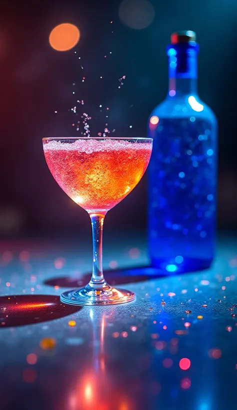 a dazzling cocktail with a striking Tyndall effect, where light reflections mingle with the liquid's hues, creating a captivating visual symphony with a Blue Bootle in the right side