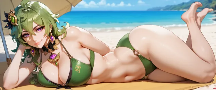 ultra-detailed, 1girl, solo, colleidef, ((masterpiece)), (best quality), (highres), 16K, green hair, medium hair, purple eyes, hair ornament, hair between eyes, ahoge, earrings, single earring, jewelry, wearing green bikini, busty body, large breasts and a...