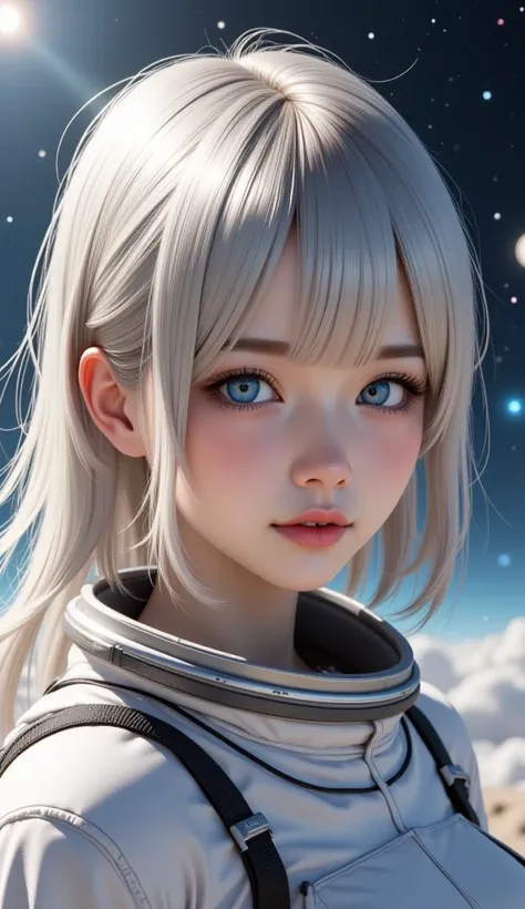  Close-up of the best masterpiece:1.5)0.9], (Space and astronauts:1.2) ( Loose silver hair:1.1) ( heterochromia :  xanthochromia and blue eyes:1.2) (Space helmet:1.0) ( Colored stars in the eyes:1.0) (Shining light:1.1) (full lips:0.9)(Ukrainian flag 2.0)(...