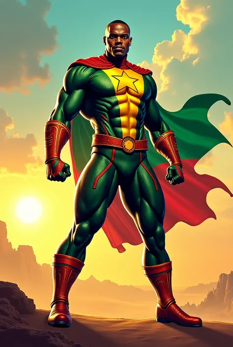 A Malian superhero with the flag of Mali