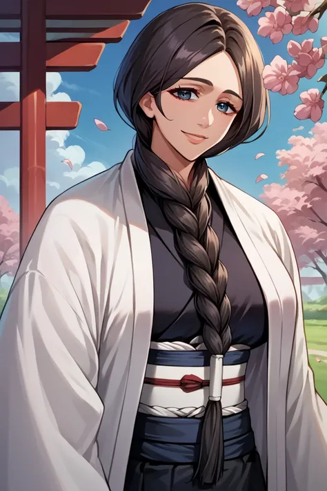 score_9, score_8_up, score_7_up, score_6_up, source_anime, BREAK 1girl, solo, mature female unohana retsu, single braid, white coat, black kimono, black skirt, large breasts, smile, looking at you, cherry blossoms, blue sky, looking at you, upper body