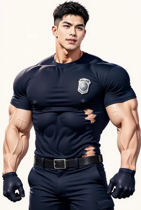 Anime style illustration showing a man with short black hair cut short, wearing a navy blue short-sleeved crew neck t-shirt with a police logo, navy blue cargo pants, black gloves, (((and a torn shirt more point on his body.)))torn shirt torn shirt torn sh...