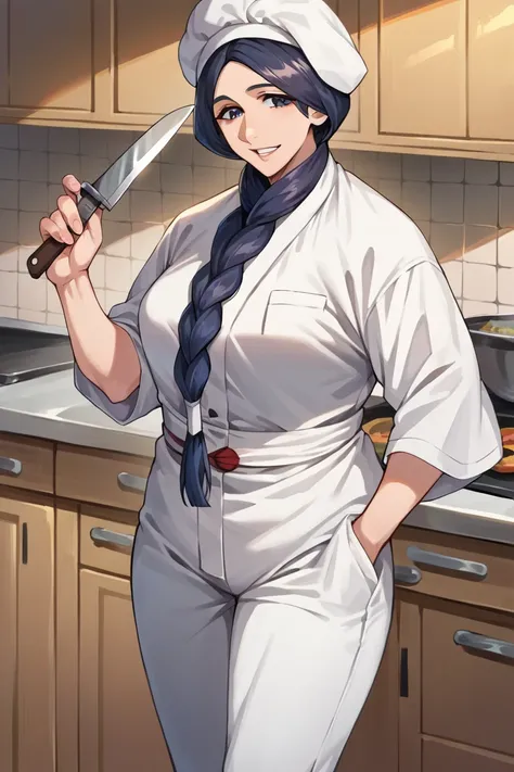 score_9, score_8_up, score_7_up, score_6_up, source_anime, BREAK 1girl, solo, mature female unohana retsu, single braid, chef's hat, chef's uniform, white uniform, white pants, holding knife, kitchen, looking at you, happy, food