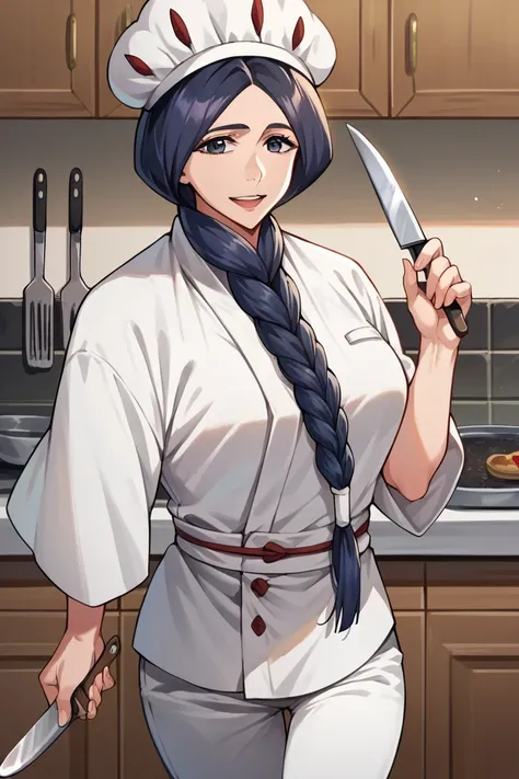 score_9, score_8_up, score_7_up, score_6_up, source_anime, BREAK 1girl, solo, mature female unohana retsu, single braid, chef's hat, chef's uniform, white uniform, white pants, holding knife, kitchen, looking at you, happy, food