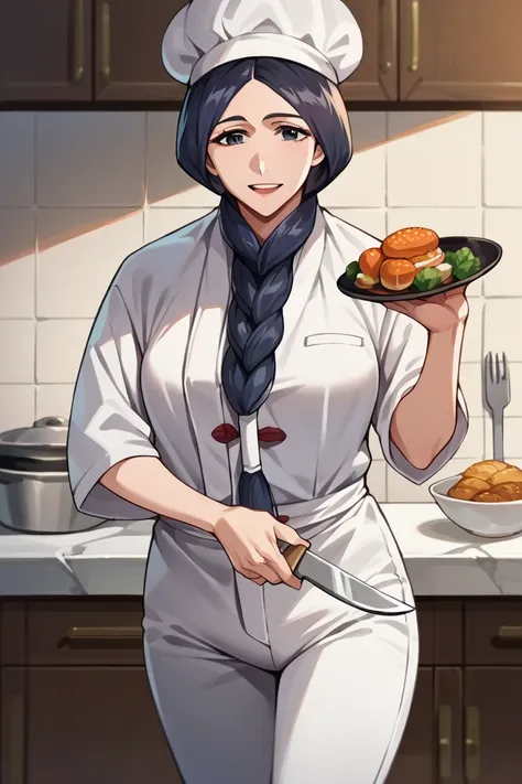 score_9, score_8_up, score_7_up, score_6_up, source_anime, BREAK 1girl, solo, mature female unohana retsu, single braid, chef's hat, chef's uniform, white uniform, white pants, holding knife, kitchen, looking at you, happy, food