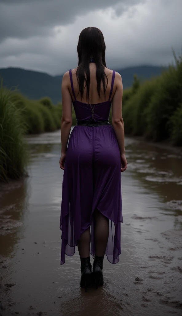 (Full Body Shot, Rainstorm, DUSK, ((nude woman, 20 years old, soaking wet, Black long hairs,))(Choker, black, goth, soaking wet,)(wet long dress, purple, soaking wet,)(pantyhose, soaking wet,)(high heeled sandals, black, wet,) Rainstorm, Mud Swamp,