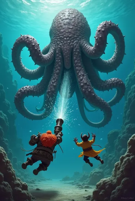 A dwarf with a red beard and a demon boy who swim underwater who drop a cannon on their feet at a kraken that is attacking them in epic style