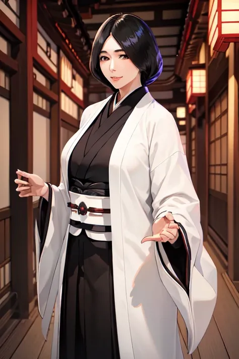 masterpiece, best quality, unohana retsu, single braid, white coat, black kimono, black skirt, atmospheric perspective, (japanese atmosphere, elaborate atmosphere:1.4), large breasts, mature female, japanese architecture, looking at viewer, smile, (outdoor...