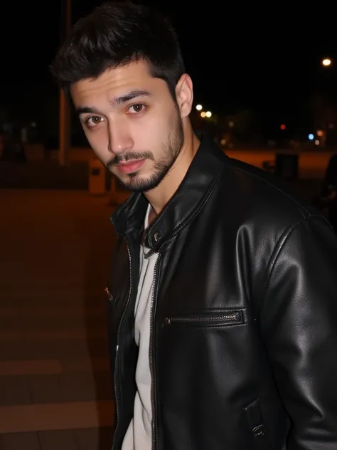 a young handsome turkish guy with muscle,  dark short hair and goatee beard he wearing a leather jacket with collar and a light loose jeans location is germany and its night random picture amateur photo amateur selfie