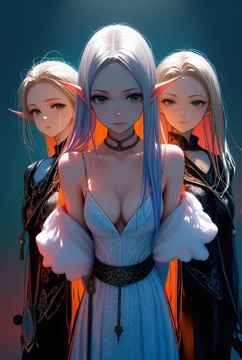 Portrait of a group of beautiful female elves, Smooth Shadows, Color Difference, neon highlights, dynamic poses, Expressive facial expressions