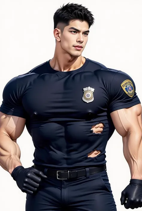 Anime style illustration showing a man with short black hair cut short, wearing a navy blue short-sleeved crew neck t-shirt with a police logo, navy blue cargo pants, black gloves, (((and a torn shirt more point on his body.)))torn shirt torn shirt torn sh...