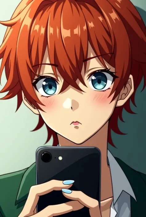 a close up of a person with red hair holding a cell phone, orange - haired anime boy, inspired by Sakai Hōitsu, kvothe from name of the wind, delicate androgynous prince, portrait of hisoka hunter hunter, kakyoin, tsubasa chronicles, inspired by Romano Vio...