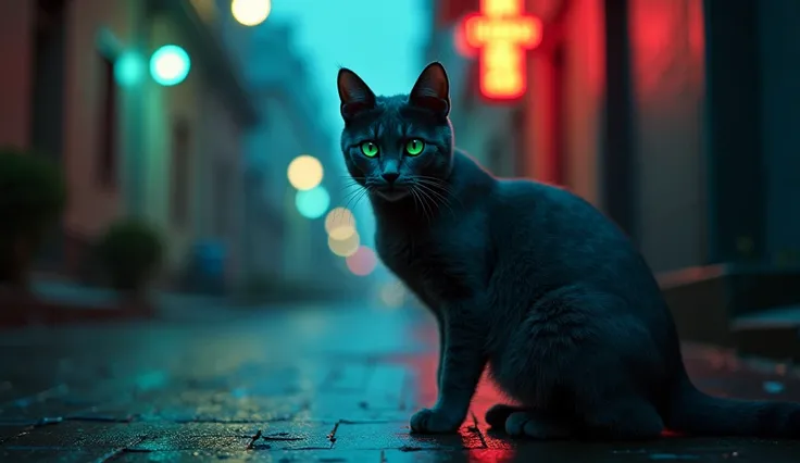  live action, Russian blue ,  cat, clear emerald eyes, city, night, View of the alley from the inside to the outside,  looking at the sky, Side face ,  warm vibe,  neon sign,  slightly shining eyes, Tail without rear legs, Very slight rain