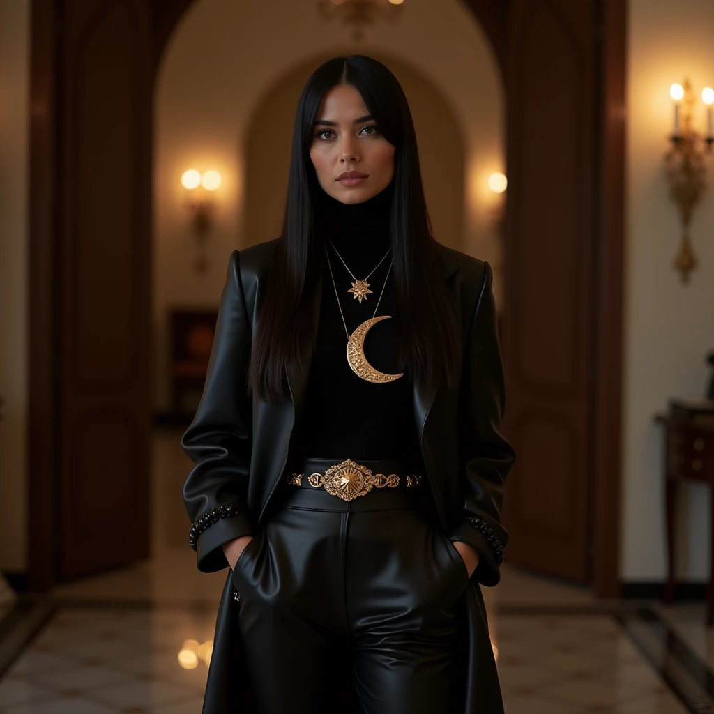 A beautiful Turkish woman empress with straight black hair on her neck, a golden crescent moon decoration pointing upwards, and above it a golden star in a black leather niqab, in a black leather suit with a beautiful Turkish belt, in black leather trouser...