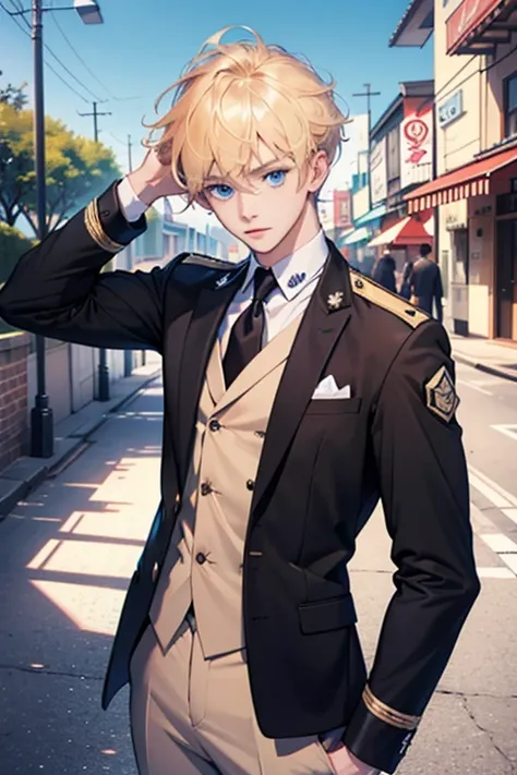  boys、ren、 blonde、 blue eyes、 cute、palace、uniform、 White and Red Clothes 、 high resolution, crystal hair , 