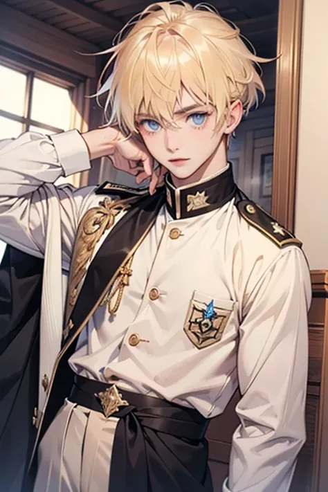  boys、ren、 blonde、 blue eyes、 cute、palace、uniform、 White and Red Clothes 、 high resolution, crystal hair , 