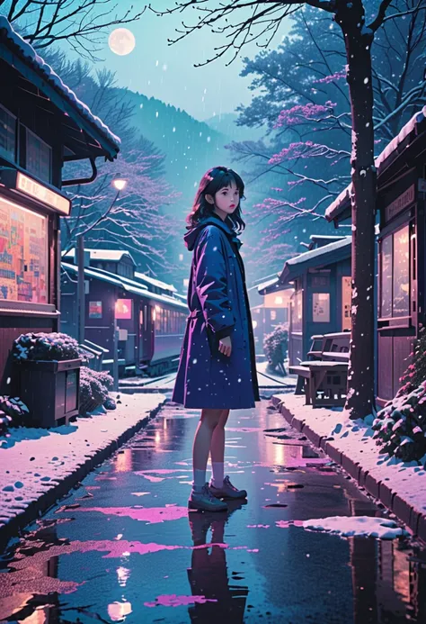  panorama,  illustration 、snow，snow花飞舞， Crowded station、 anime style girl pee with water magic ， high detail,   realistic shadows 、 analog style , VHS Style, 8mm Film,  Color Difference,  DVD Screenshot、  Surrealism  ，  blue-violet and fuchsia gradation fr...