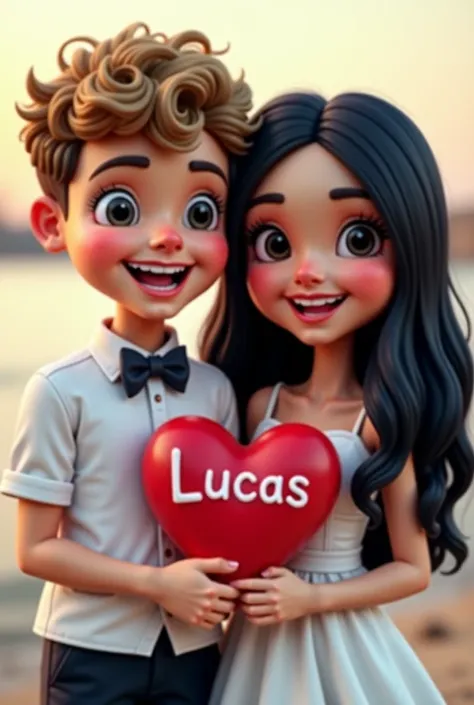 An image of two excited newlyweds holding a heart that says Lucas and Giovanna ,The groom has curly dark blonde hair  ,Almost black on the top and on the sides very short and the bride's straight black hair