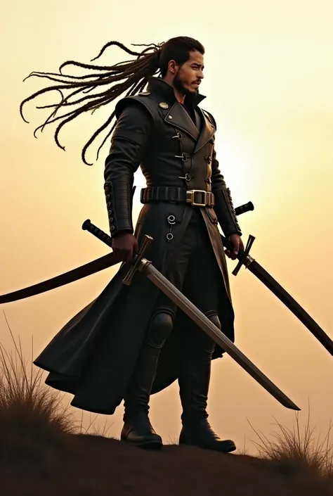 Gothic leather overcoat with several buckles adorning,  wearing black boots ,  holding a katana in each hand with a shadow surrounding him surrounding the blade of the swords,Dreadlocks hair shaved on the side,  tall and bulky, quite untidy in the wind , t...