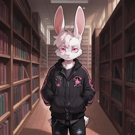 Furry, rabbit furry, rabbit fur, male, masculine, grunge, library, pink eyes, thick white lashes, standing, talking, solo.