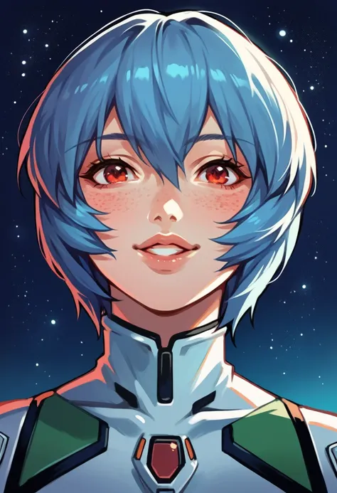 score_9, score_8_up, score_7_up, source_anime BREAK  close-up, face, lips, freckles, eye focus, ayanami rei, pilot suit, 
blue hair, red eyes, smile, lips,
starry sky,