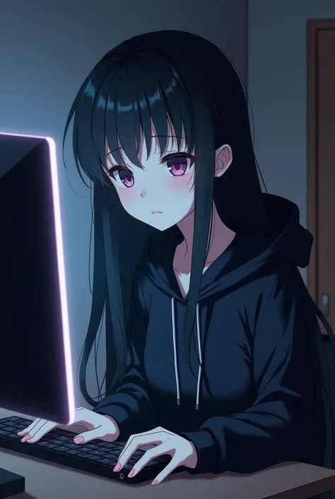 High equality, hd, anime girl, long black hair, black hoodie, looking tired while sitting on the pc