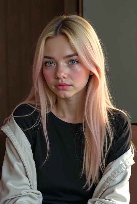 18-19 year old, white girl, blonde straight hair with pink highlights, in house, with a black shirt and white jacket, looking at another direction,realistic