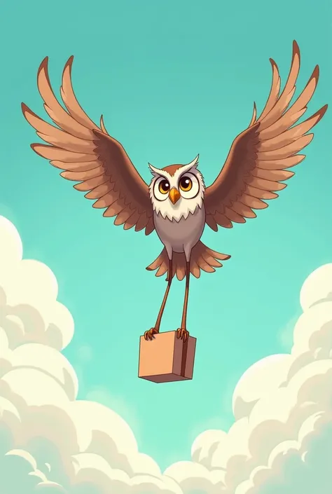 cartoon of a flying owl full body with long legs carrying a hanging box