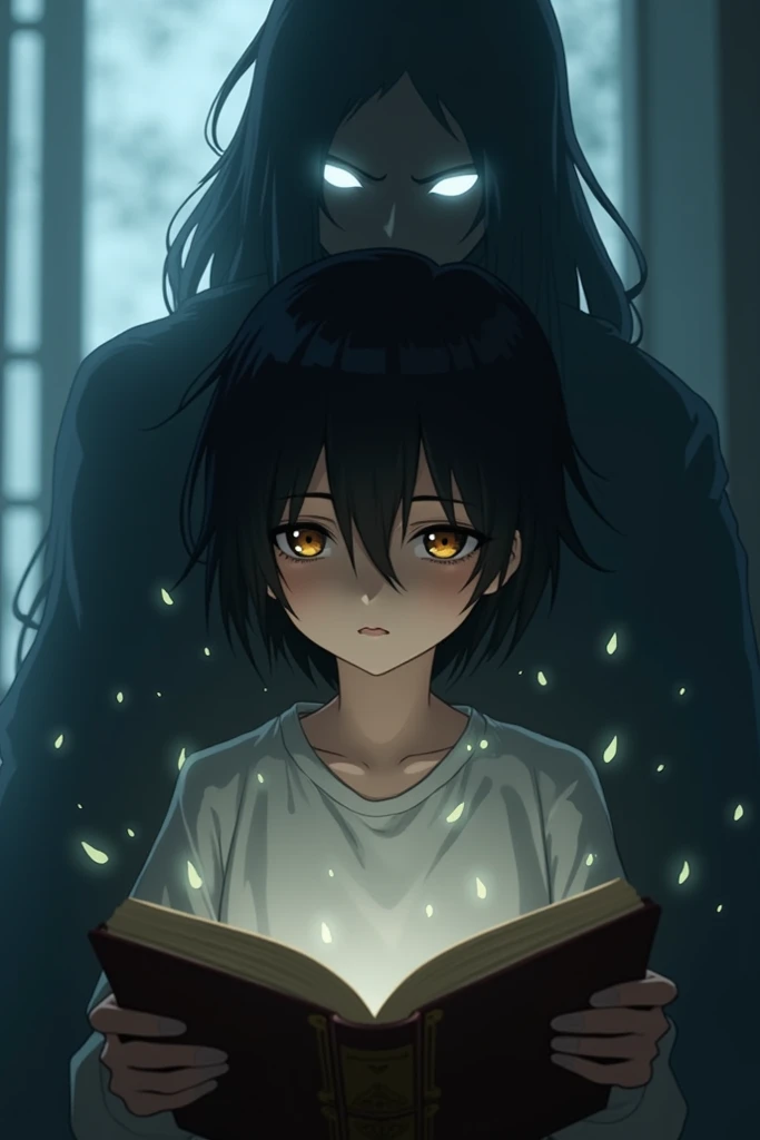 An 18-year-old ager with black hair and amber eyes reading a book and with a shadow who has deep white eyes with floating glass particles 
