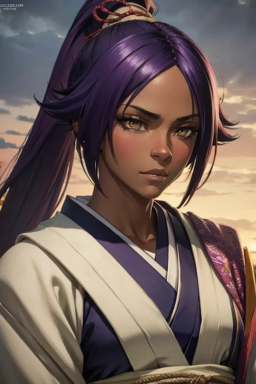 yoruichi, dark-skinned female, dark skin, purple hair, yellow eyes, kimono, photorealistic, octane render, best quality, looking at viewer, looking down, sharp focus, (8k), (4k), (Masterpiece), (Best Quality), (realistic skin texture), extremely detailed, ...