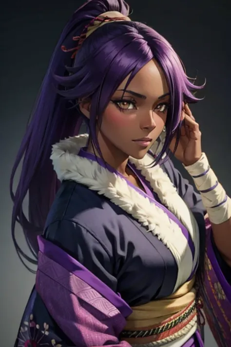 yoruichi, dark-skinned female, dark skin, purple hair, yellow eyes, kimono, photorealistic, octane render, best quality, looking at viewer, looking down, sharp focus, (8k), (4k), (Masterpiece), (Best Quality), (realistic skin texture), extremely detailed, ...