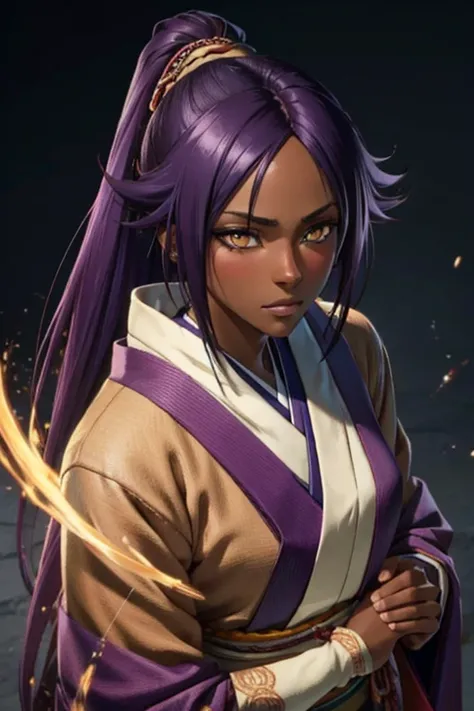 yoruichi, dark-skinned female, dark skin, purple hair, yellow eyes, kimono, photorealistic, octane render, best quality, looking at viewer, looking down, sharp focus, (8k), (4k), (Masterpiece), (Best Quality), (realistic skin texture), extremely detailed, ...