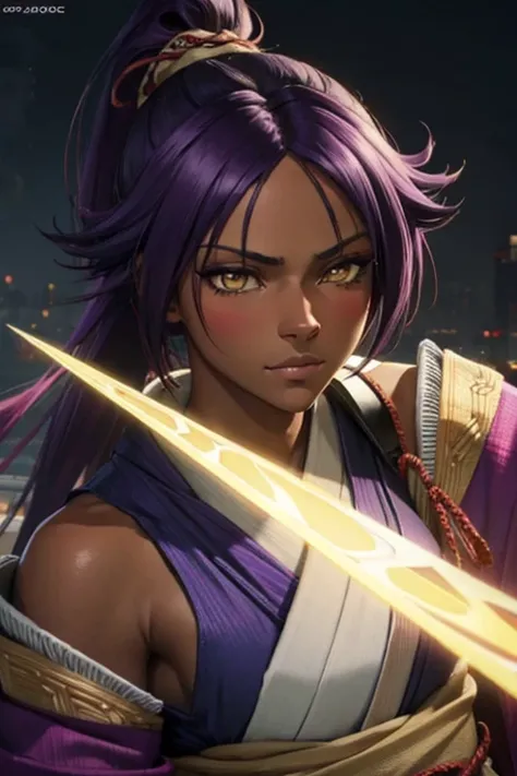 yoruichi, dark-skinned female, dark skin, purple hair, yellow eyes, kimono, photorealistic, octane render, best quality, looking at viewer, looking down, sharp focus, (8k), (4k), (Masterpiece), (Best Quality), (realistic skin texture), extremely detailed, ...