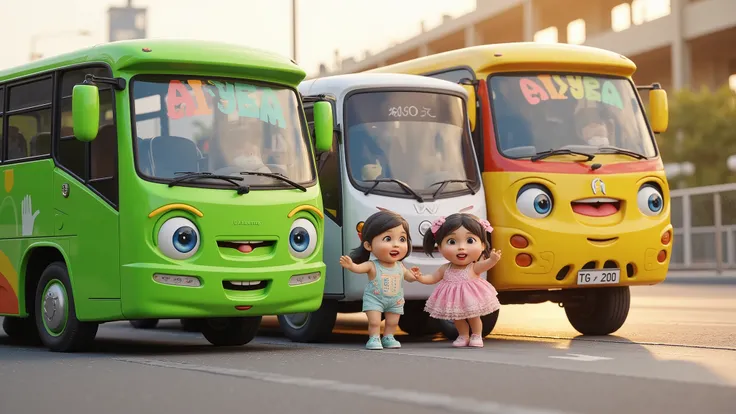 realistic image, hyper realistic style, 4K HD quality picture, full body, cute, smiling, detailed, ultra high definition. Extremely Tayo The Little Bus with dazzling and soft colorful bodies—mixing colors like solid green, solid blue, and solid yellow—are ...