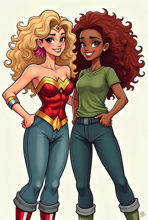 Create an adoodle art drawing of two women . A curly blond haired woman with a lock of pink hair,  brown eyes ,wearing casual clothing inspired by Wonder Woman. The second woman is a brunette , curly red hair , brown eyes  claros,Wearing casual clothes ins...